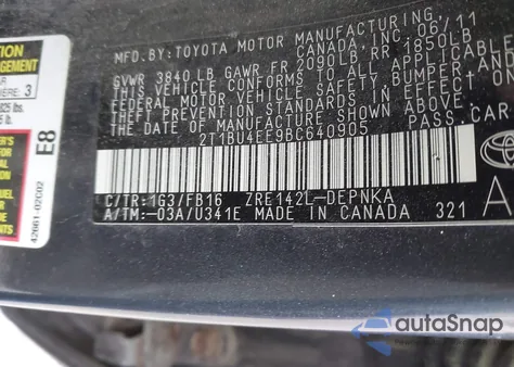 2011 Toyota Corolla Le z USA, uszkodzony, nr VIN 2T1BU4EE9BC640905